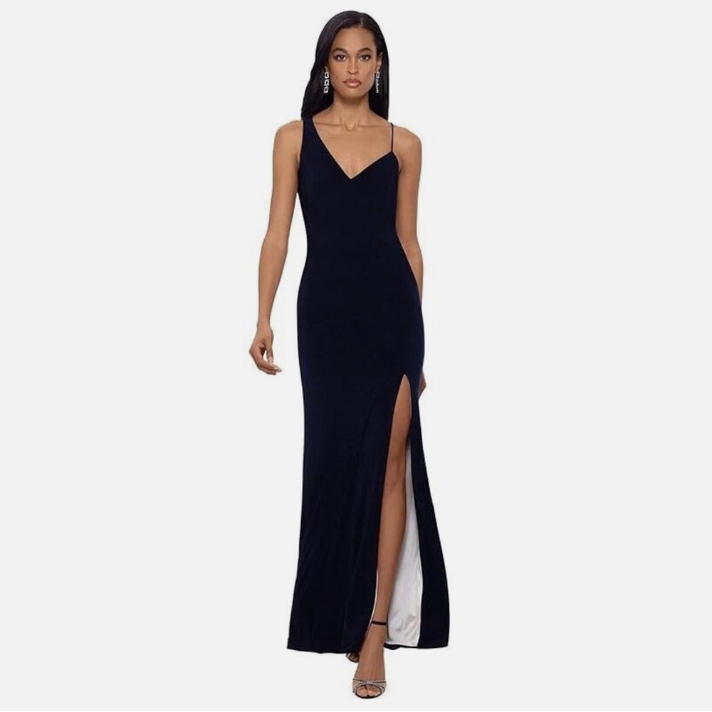 NWT Xscape Asymmetrical Gown In Navy